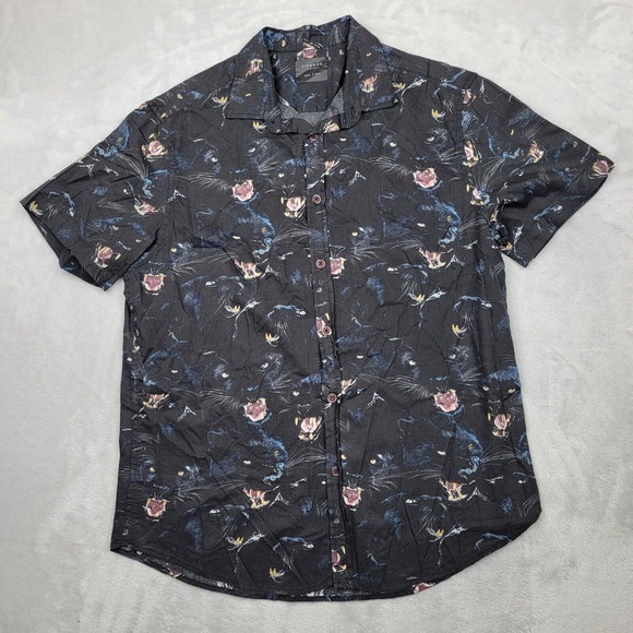 Zipcode Shirt Men Large Button Up Viscose Blend Panther Black Cat All Over Print - Picture 1 of 7